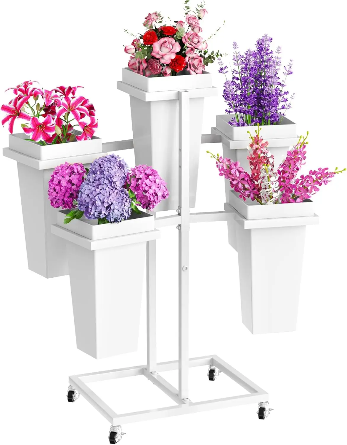 

White Flower Cart with Wheels, Bouquet Shelf for Weddings, Parties, and Garden Decor