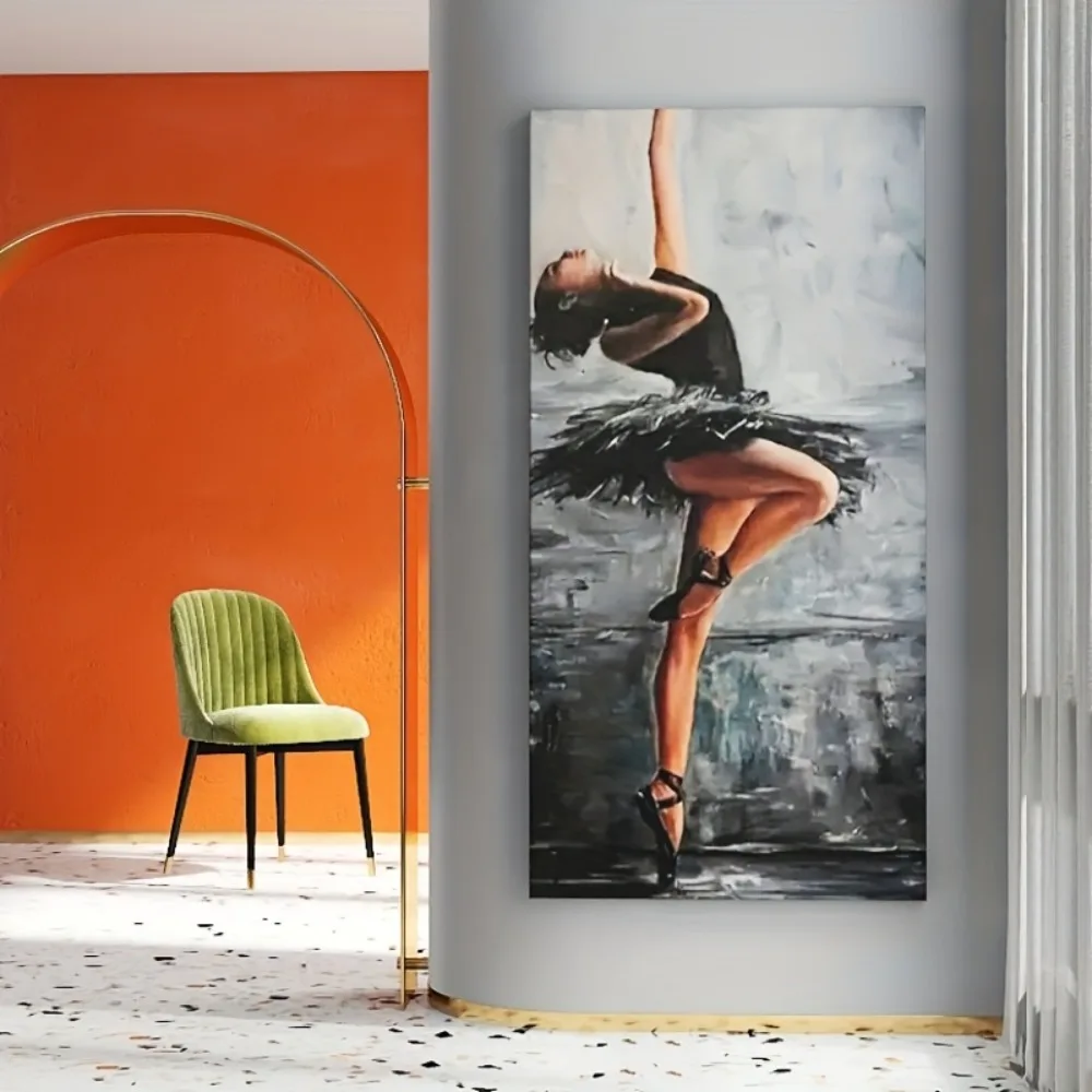 راقصة باليه أنيقة بإطار من الخشب الصلب مقاس 1.5 بوصة - لوحة رقص عصرية كبيرة، تصميم دوار باللونين الأبيض والأسود، ديكور داخلي