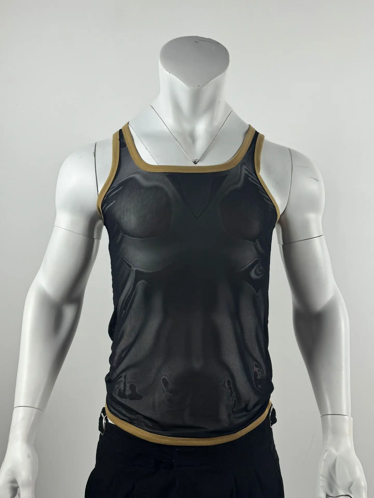 Neue Männer Mesh Tank Tops Sommer 2025, Clubwear Casual Weste U Neck Ärmellose Kontrast Farbe Fishnet T-shirt Komfortable Chic Tees – Detail 11