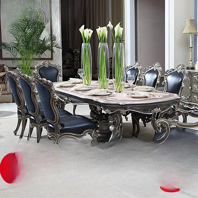 

Luxury classical European villa dining room furniture, solid wood carving flower oval dining table