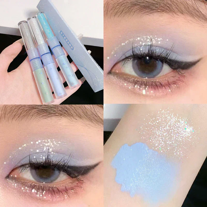 Cappuvini 2 en 1 sombra de ojos líquida azul verde lentejuelas mate maquillaje de ojos nacarado gusano de seda maquillaje iluminador herramienta de belleza
