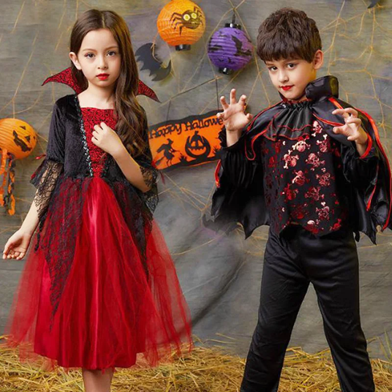 Halloween Vampire Costume For Girls Princess Dress Scarlet Witch Devil Ghost Clothes Boy Vampire Cloak Suit Kids Cosplay