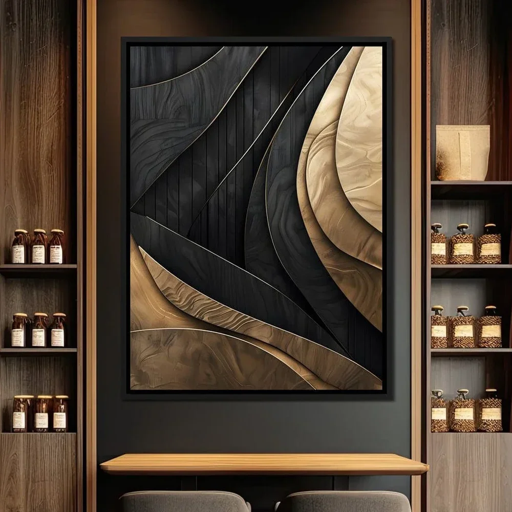 Modern Luxury Pop Art Posters Print 3D Abstract Black And Gold Visual Staggered Aesthetic Canvas Painting Office Cafe Home De
