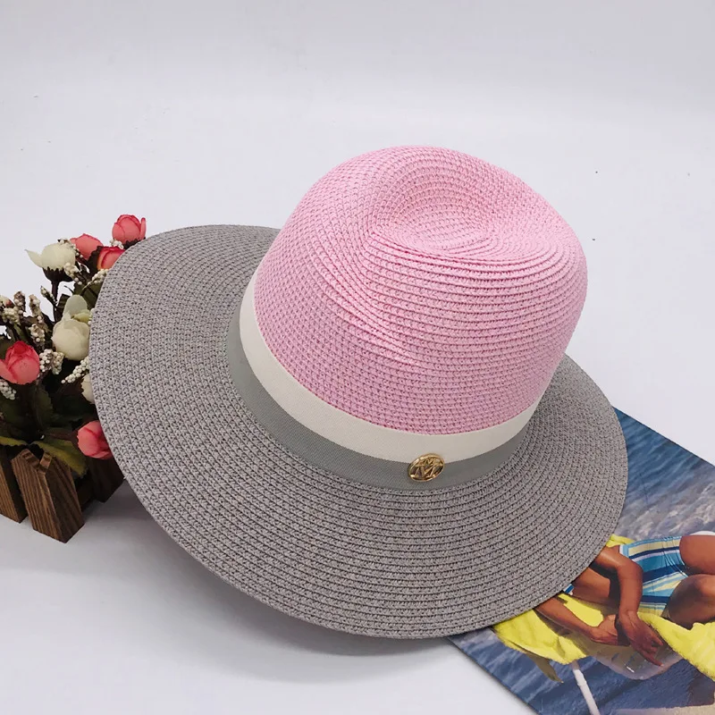 2022 High-end High-quality Ladies Wide-brimmed Jazz Hat Straw Hat Pink Gray Stitching Sunscreen Casual Sunshade Straw Hat