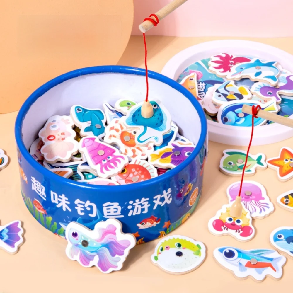 New Montessori Wooden Fishing Toys Colorful Intelligence Magnetic Fishing Game Marine Life Cognition Toy Home Learning