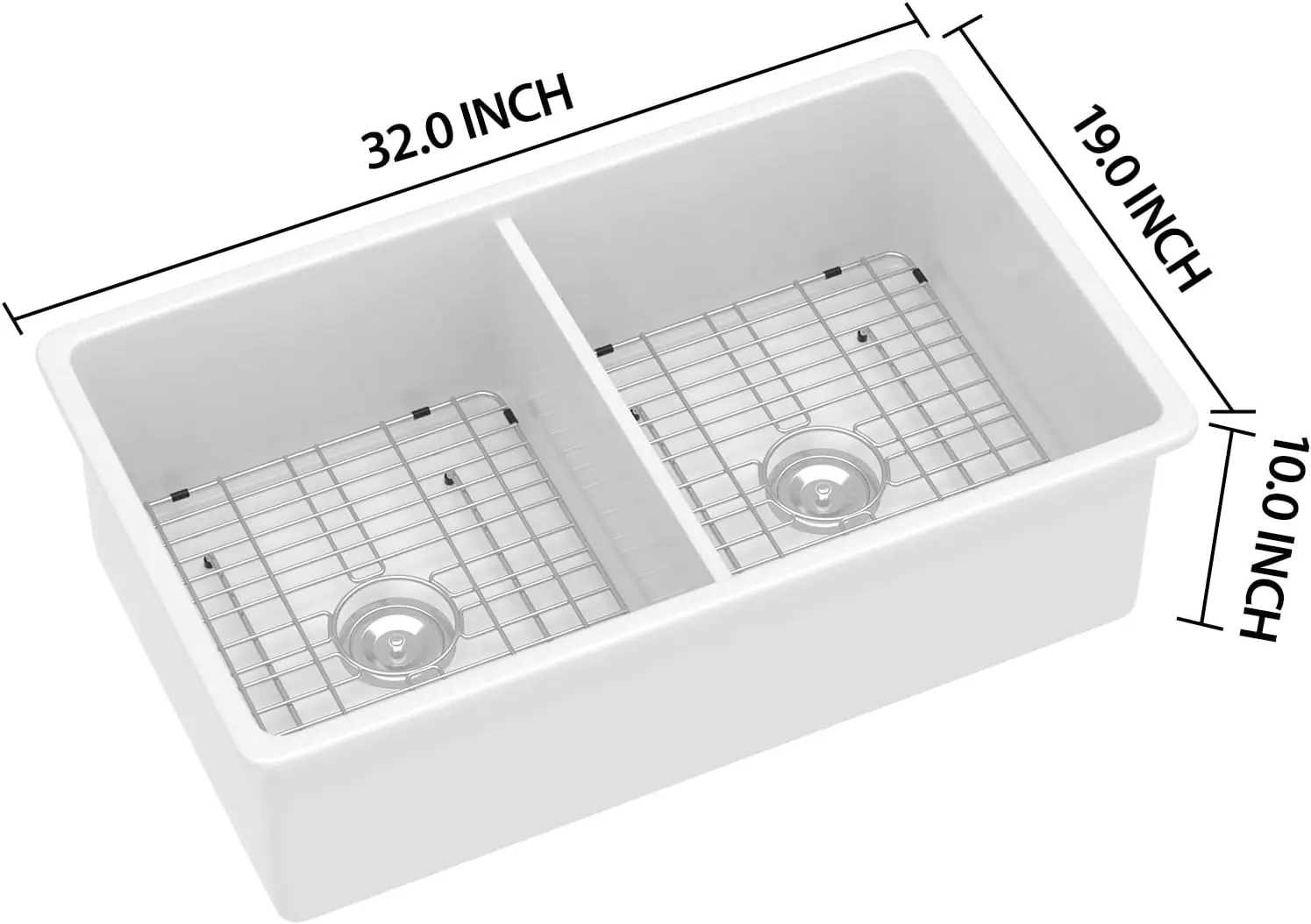 Évier de Cuisine à Double Bassin, 32 Pouces, Porcelaine Blanche Synchronisée, 50/50