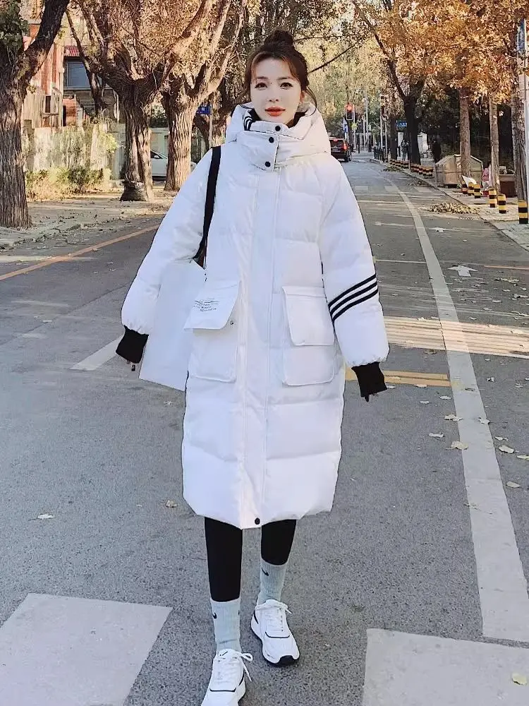 White Duck Down Jacket for Women, Medium Length Winter Coat, Korean Version Loose Hooded, Fashionable Splicing, Comfortable Keep