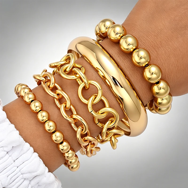 5 Pcs Gold Minimalist Bracelet Set for Women Smooth Open Cuff Bangle Stackable Chunky Chain Daily Office Elegant Jewelry Gifts