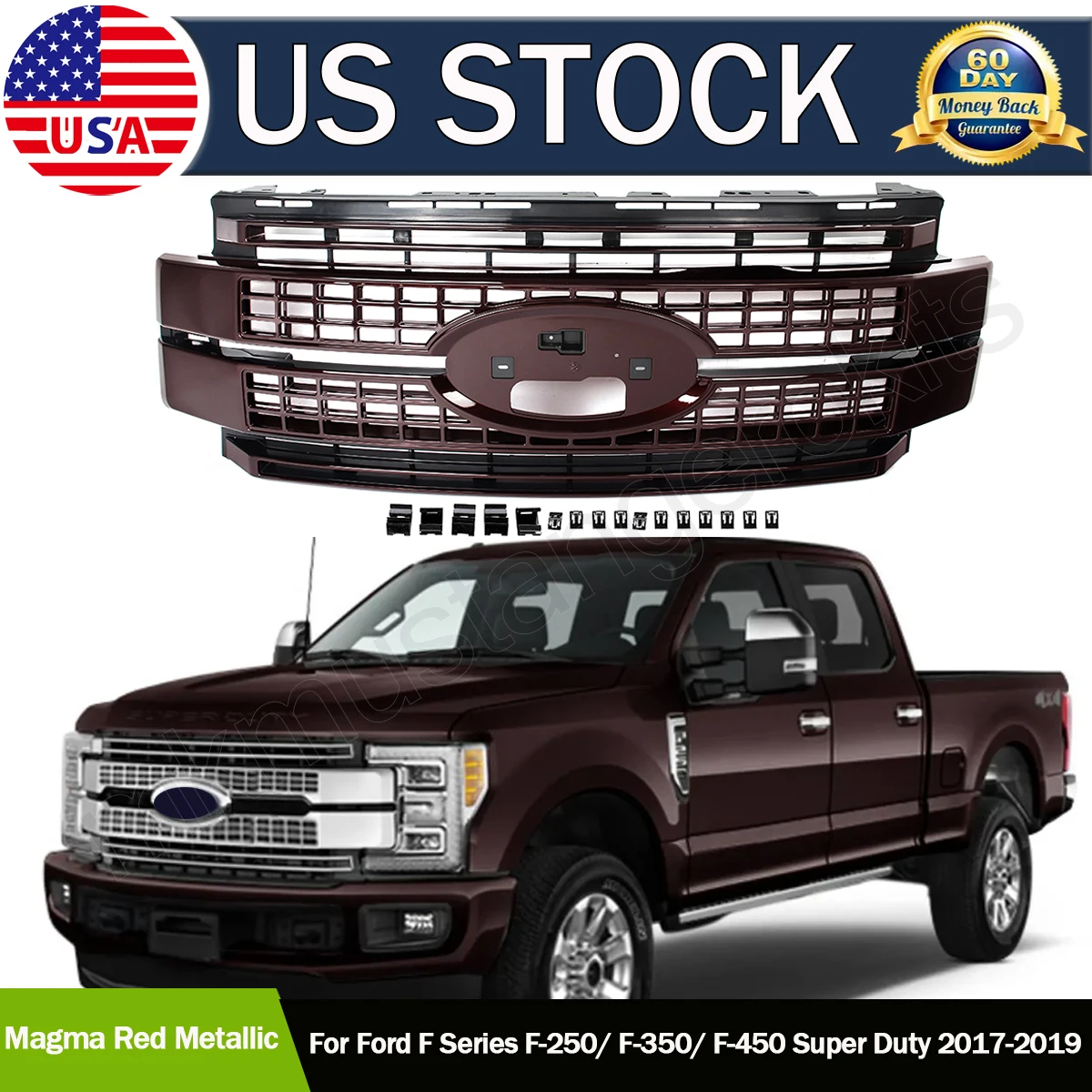 Car Front Racing Grills Magma Red For Ford 2017-2019 F250 F350 F450 Super Duty Front Bumper Grille Modified Grill Upper Grille