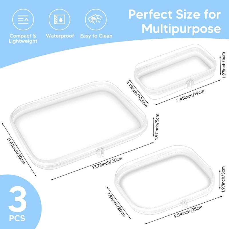 3 Pack Zippered Hard Pouch, Clear Plastic Storage Box Containers Small Toiletry Bag, Clear Hard Shell Zipper Case