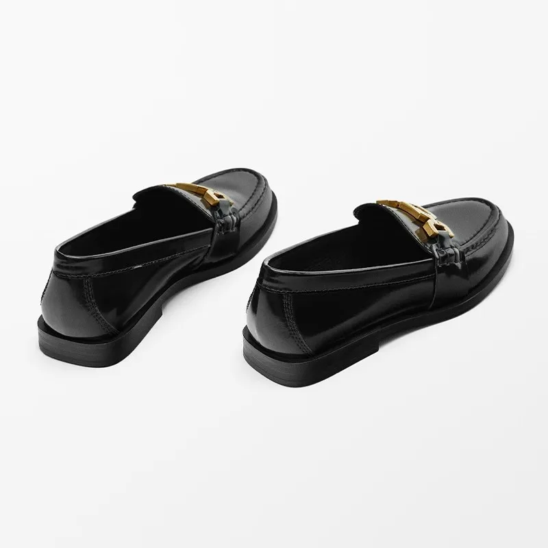 Withered Minimalist Women's Shoes Black Genuine Leather Flat Bottom Fashion Shoes Chain Decoration Flat Loafers Woman Shoes 2026