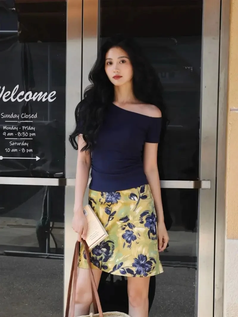 

New Elegant Flower Pinted Mini Skirt Women Fashion French Retro High Waist Slim Summer Bodycon Skirts Women's Clothing