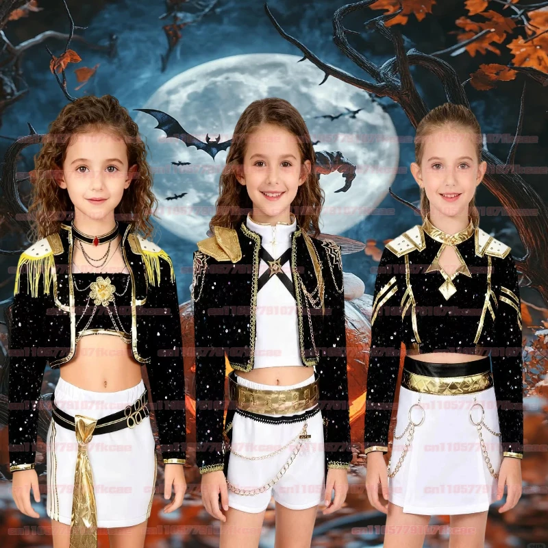 Crianças k-pop demônio caçadores cosplay traje conjunto rumi mira zoey branco uniformes de palco anime halloween jaqueta feminina colete shorts terno