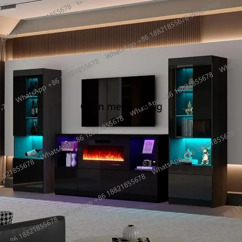 02M For 3Piece Modern High Gloss Fireplace TV Stand+Bookcase Set for Living Room, 68