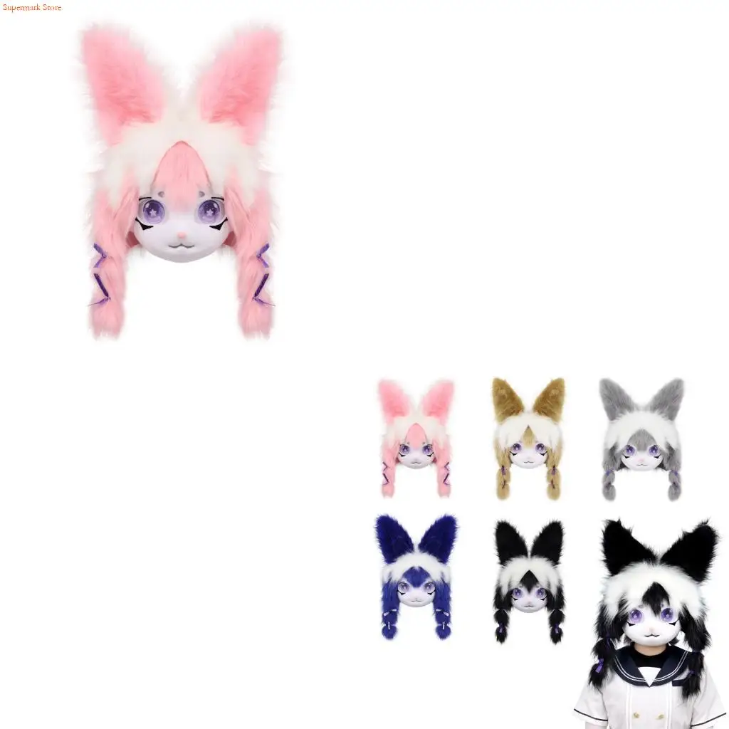 

Q5WE Furry Animal Head Rabbit Fursuit Cut Mask Plush Rabbit Mask Lovely Rabbit Headgear for Halloween Cosplay Party Props