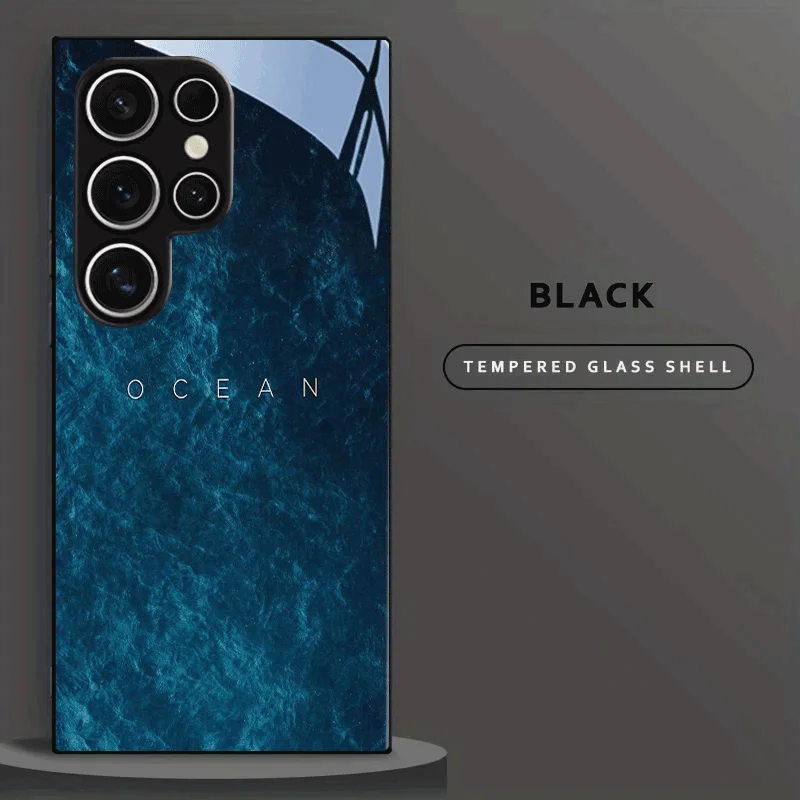 Azure Ocean Schwarze Panzerglas-Handyhülle für Samsung Galaxy S26/S25 Ultra/S24/S24 FE/S24 Plus/S24 Ultra/S23+/S22+/S21 5G