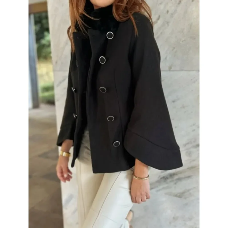 

Black Short Woolen Overcoat Women Elegant Lapel Flared Sleeve Double Breasted Loose Jacket Lady Daily Commute Street Outerwear