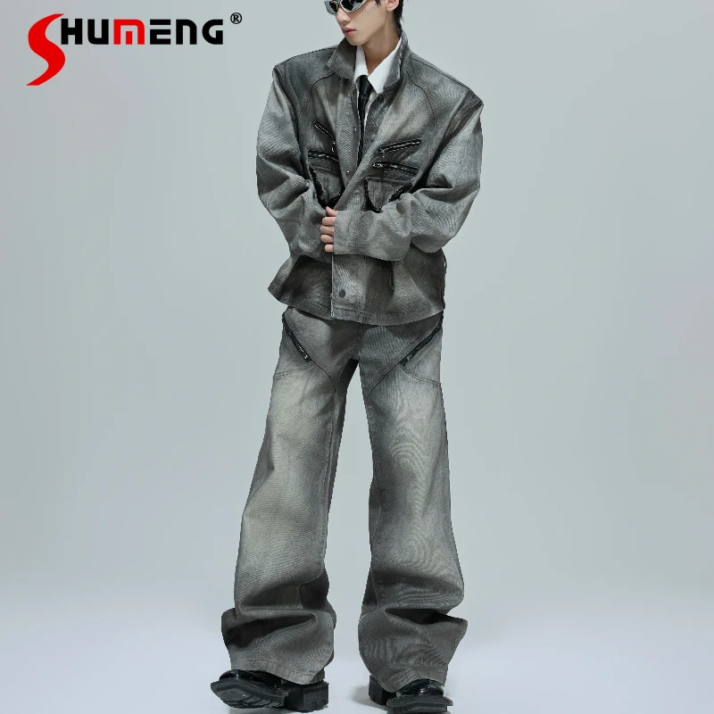 

2025 Men's Autumn New Denim 2pcs Long Sleeve Jackets Zipper Flared Pants Fashion Padded Shoulder Denim Sets Cool Two-piece Sets
