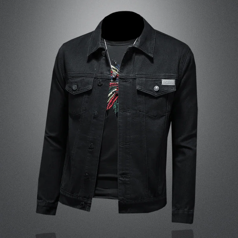 

Высококачественная, модная, стильная, универсальная и повседневная черная джинсовая куртка с лацканами для мужчин, короткая черная джинсовая куртка