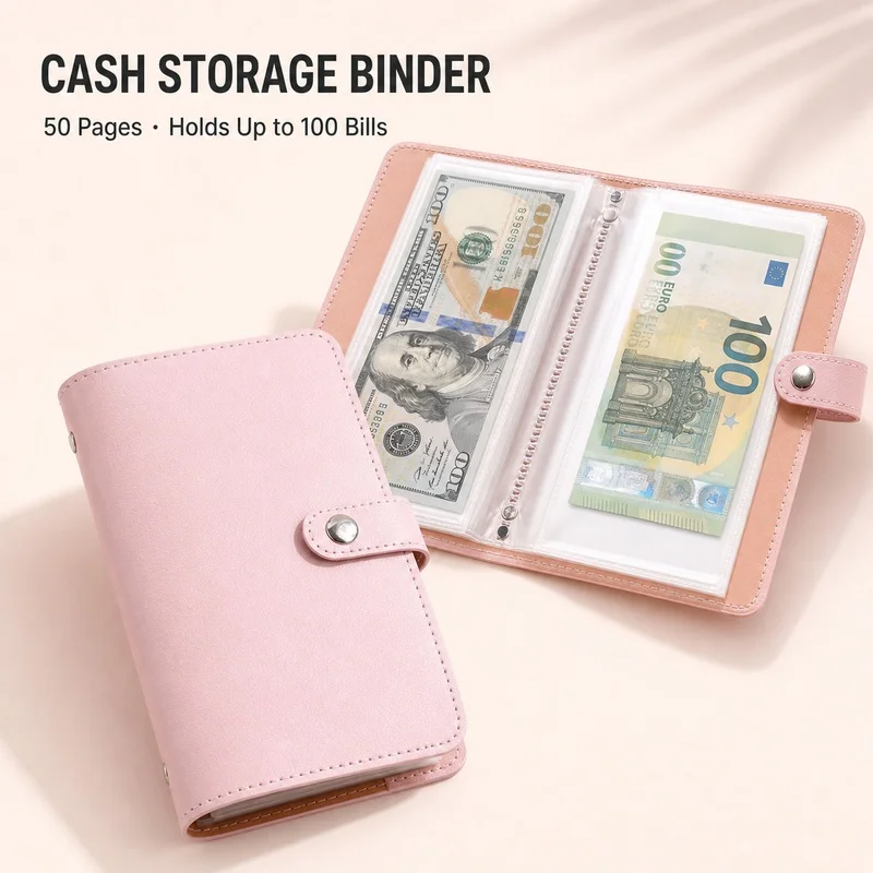 100-Slot Cash Binder Wallet PU Banknote Storage Album With 50 Double-Sided Pages Buckle Closure For Budgeting Savings