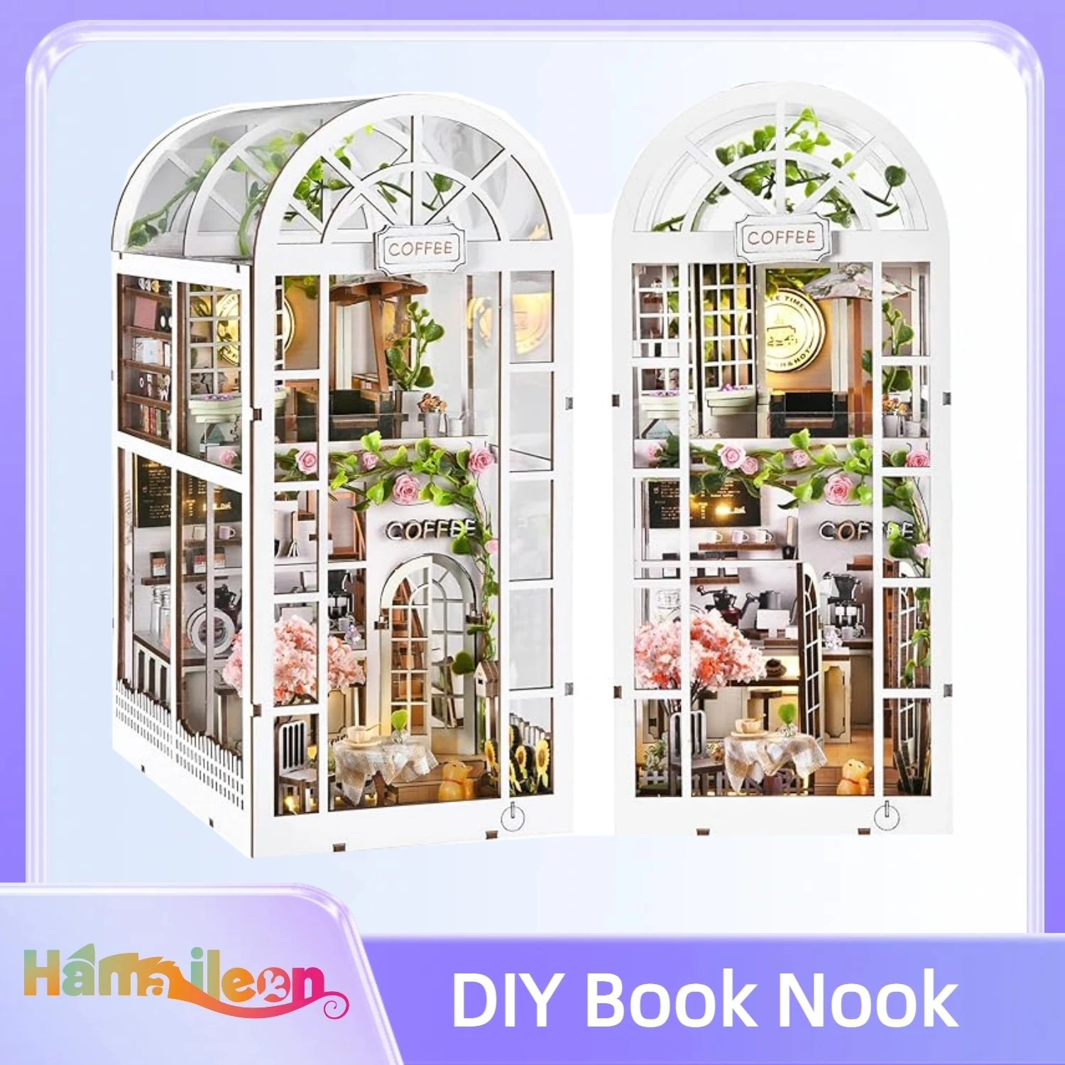 Hamaileon 3D Wooden Puzzle Dollhouse Booknook Bookend, Miniature Model Building Bookshelf for Adults and Teens(Coffee Garden)