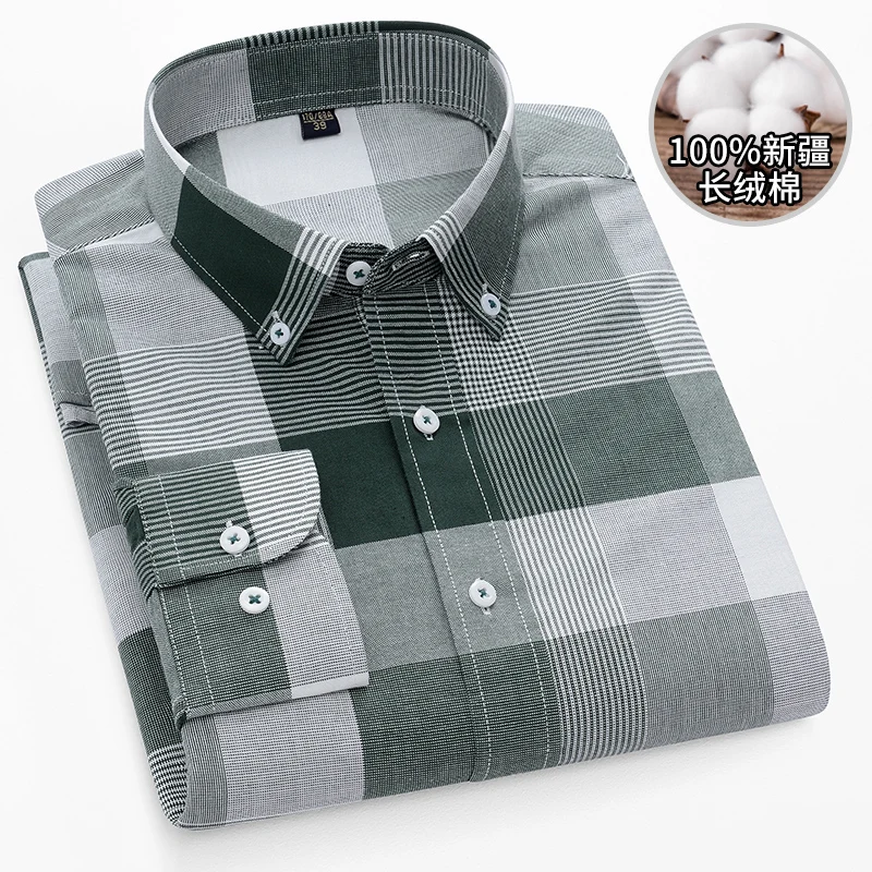 New Spring Autumn High Quality Men's 100% Pure Cotton Plaid Shirt Breathable Sweat-wicking Business Casual Lapel Oxford Shirt