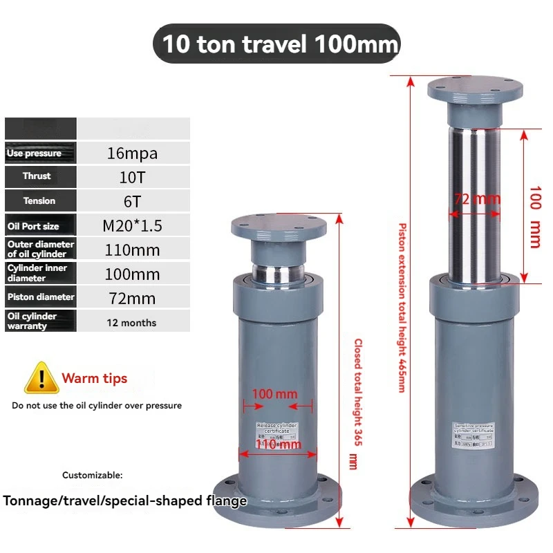 Flange Heavy Lift Hydraulic Cylinder Bidirectional Small Micro One-way 10 Tons Down