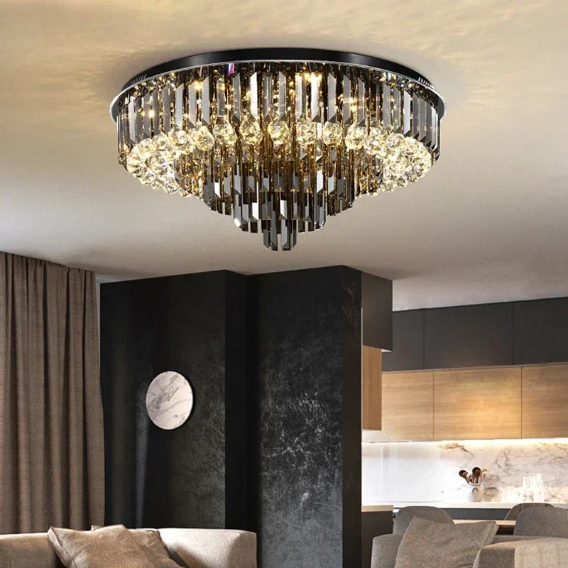 Modern Black Crystal Ceiling Chandelier Large LED Light Fixture with Dimmable Function for Luxury Home Decor Living Room