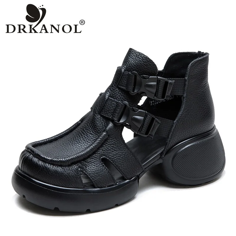 DRKANOL 2024 Retro Style Thick High Heel Sandals Women Genuine Leather Buckle Cool Ankle Boots Ladies Handmade Platform Sandals