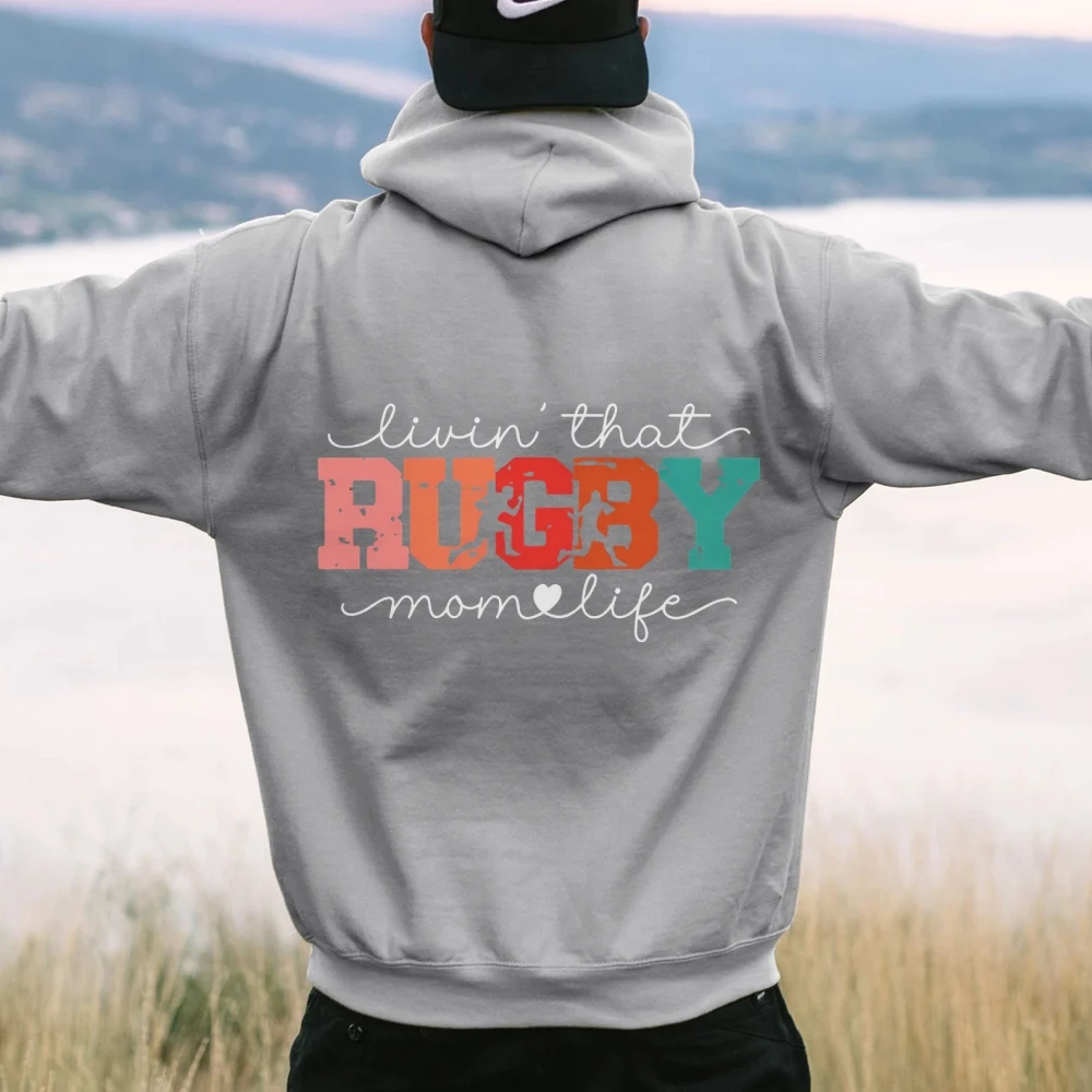 Rugby Mom Football Game Hoodies Back Printed Retro Outfits Game Day Sweater Football Spirit Wear Shirts Sports School Sweatshirt