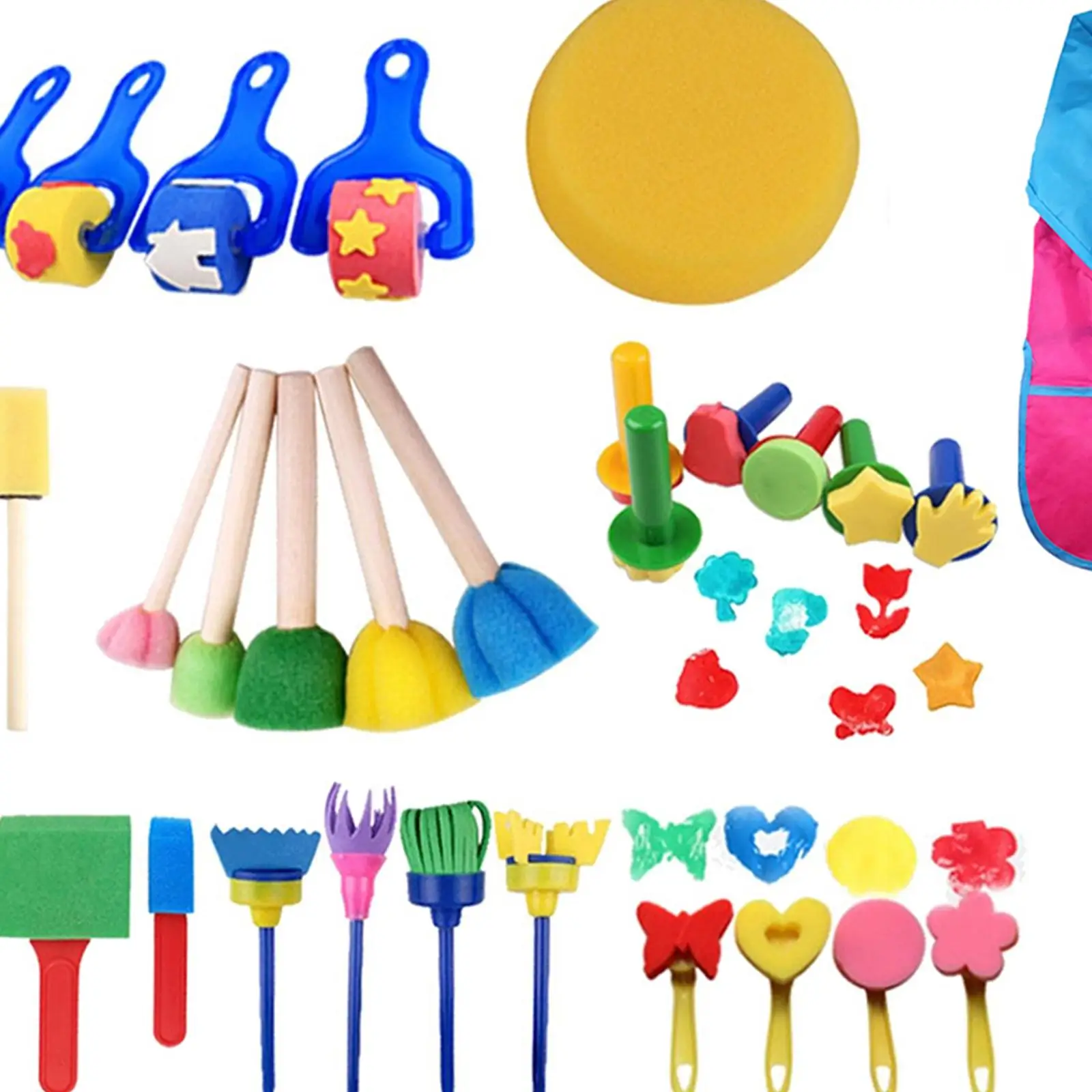 Spugne e pennelli per pittura per bambini con materiali artistici e grembiule