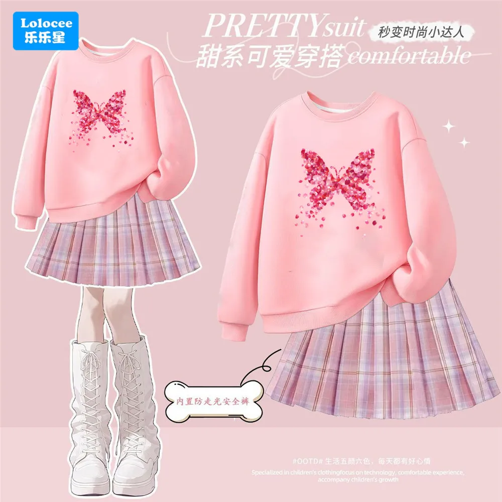 3-14y Teenager Girls Outfits Cute Butterfly Sweatshirt+Plaid Skirt 2Pcs Suit Girls Birthday Present Children Clothing Sets HDHB1