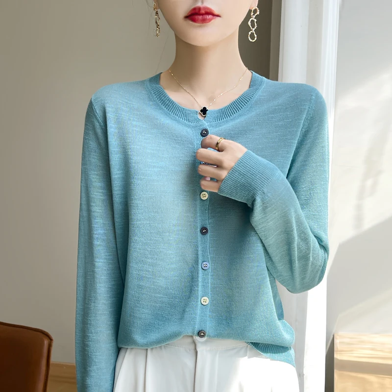 2024 Spring/Summer Thin Knitted Cardigan Women\'s Round Neck Fashion Top Loose And Breathable Long Sleeved High End Clothing