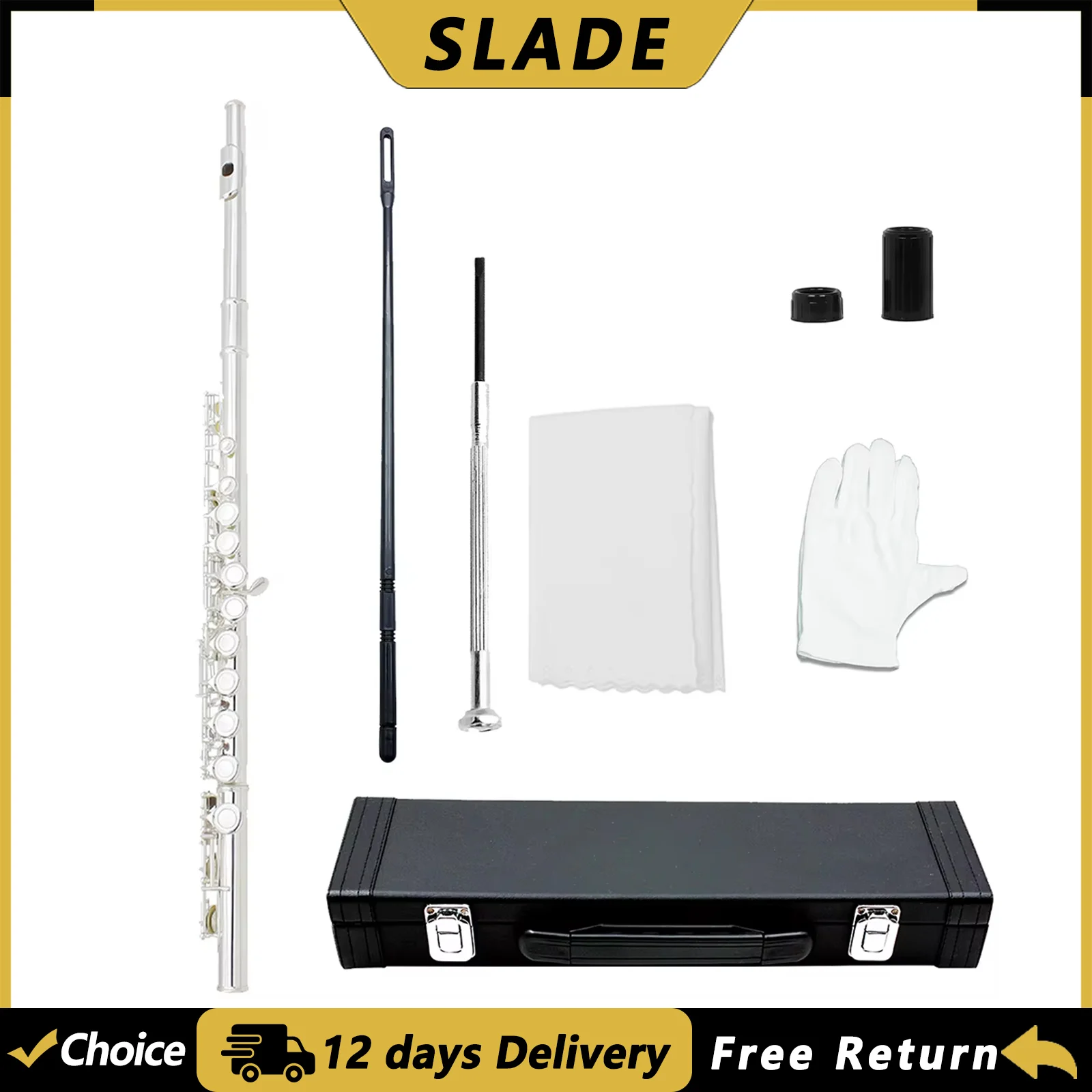 SLADE Flute 16-hole Closed Hole C Key Silver-plated Cupronickel Flute with E-key Professional Woodwind Instrument with Case