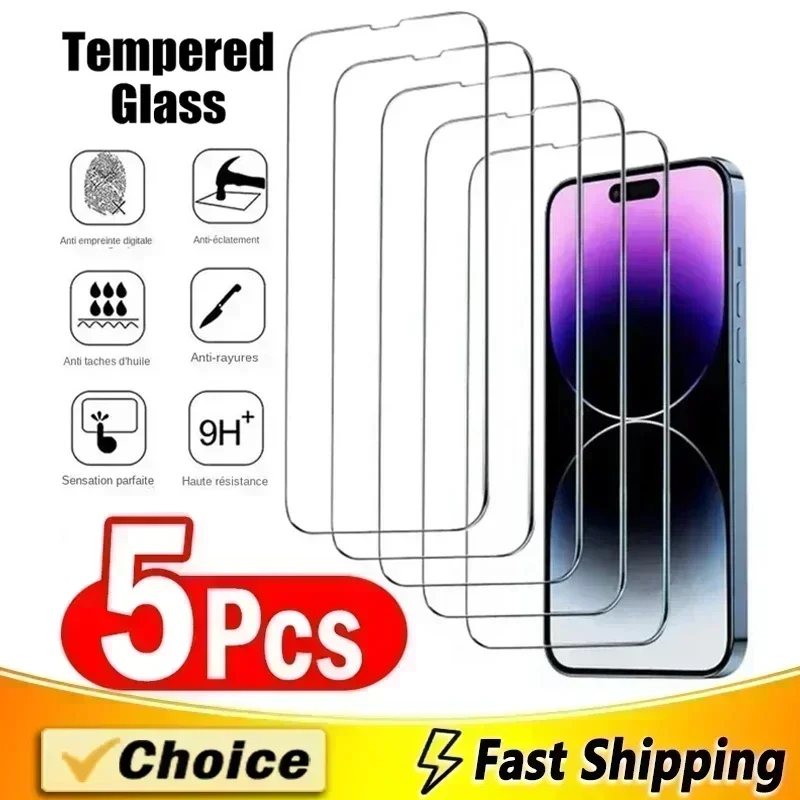 5Pcs Tempered Glass for iPhone 15 14 13 12 11 Pro Max Screen Protector for iPhone 12Mini 13Mini 7 8 Plus SE X XS XR 14Pro Glass