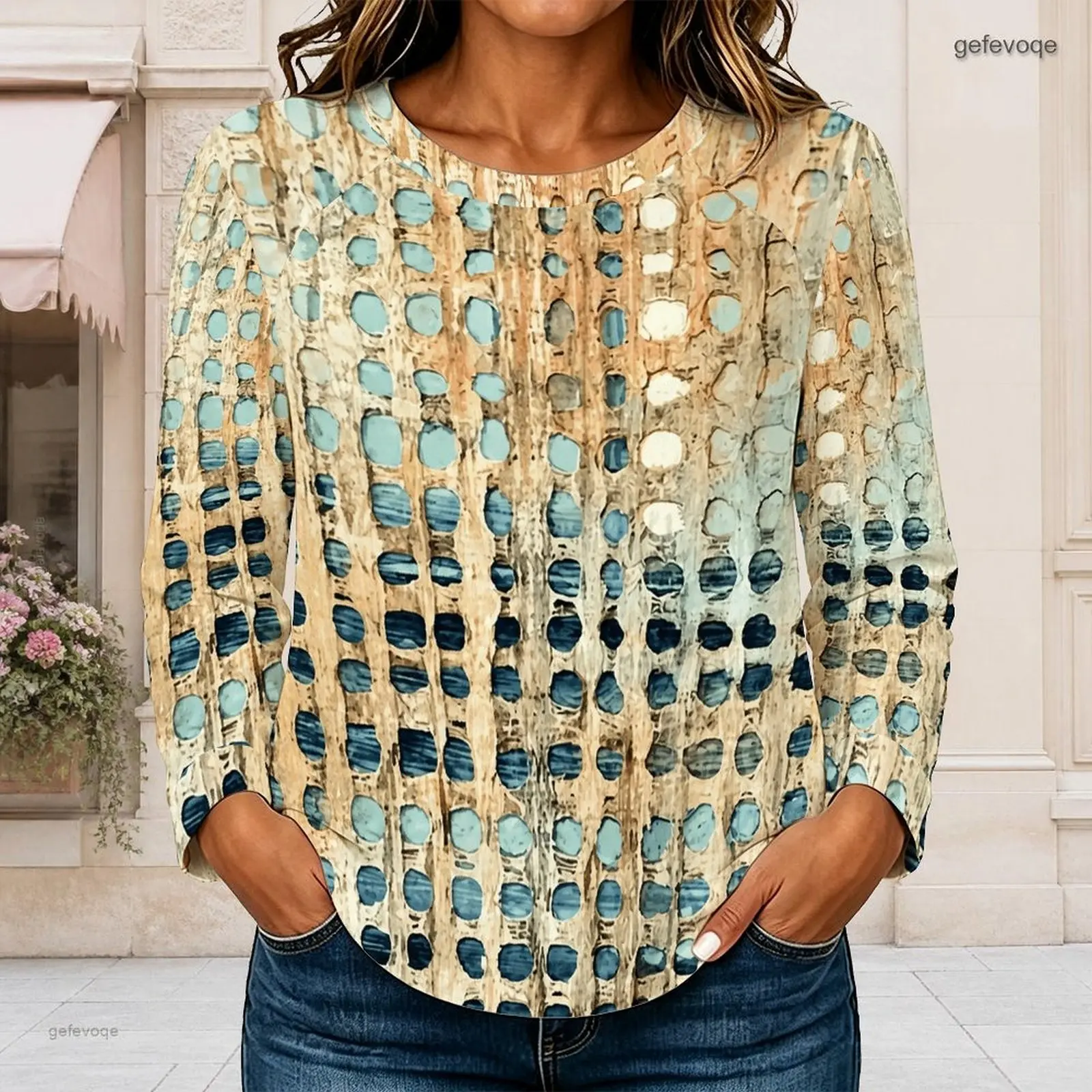 Women Abstract Irregular Dot Printed Round Neck Long Sleeve Curved Hem Top
