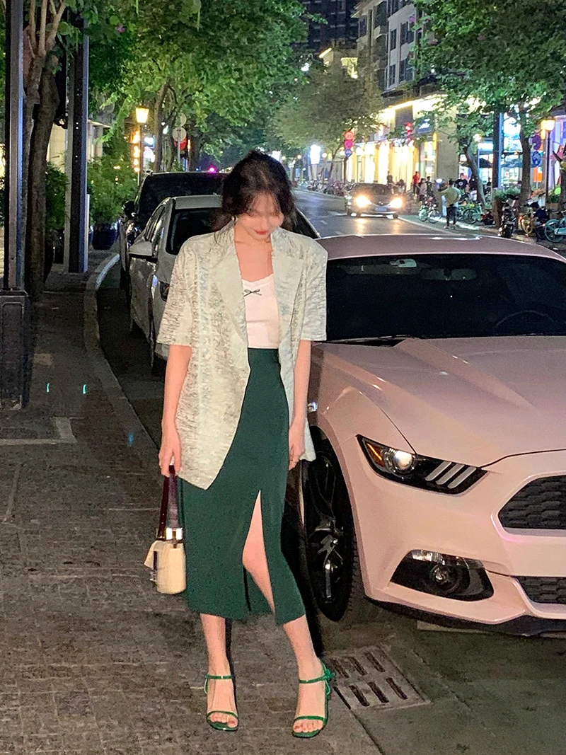 Green Floral Embroidery Loose Fit Short Sleeve Midi Jacket Hong Kong Style Women's Business Casual Fashion Spring Summer Top