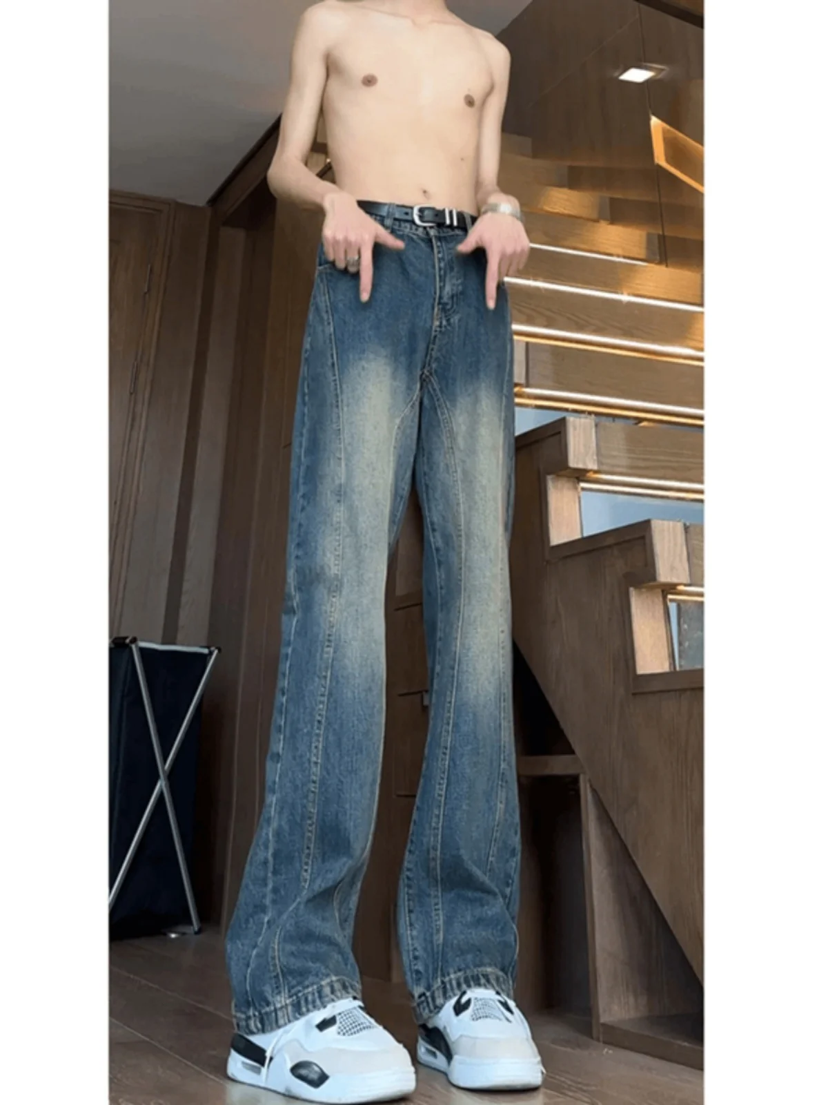 

Deep Blue adient High Waist Slimming Men's Jeans Vibe Knife American Straight Tube Trendy Long Trousers