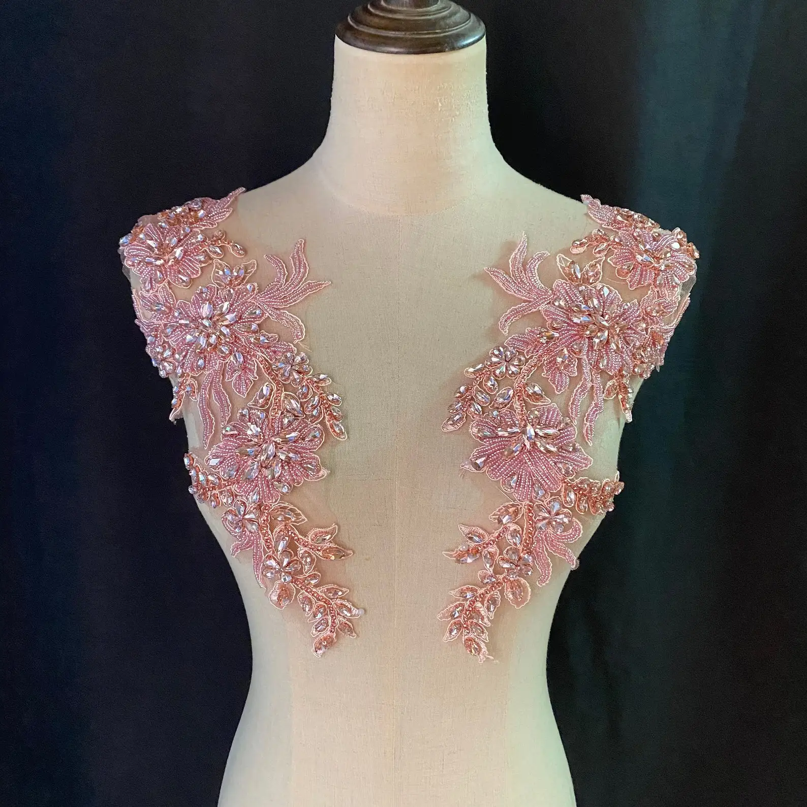 Pink Rhinestone Applique for Costume, Dress, Crafted Florals Motif Bodice, Deluxe Bead Florals Patch for Haute Couture