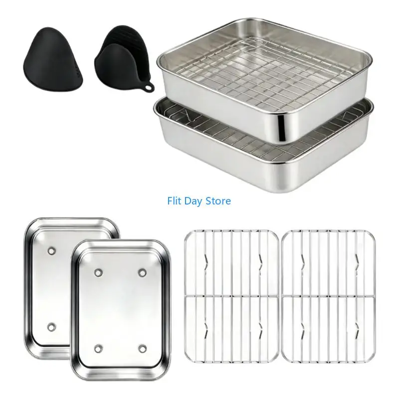F92C Stainless Steel Casserole Dish Set for Airfryer Accessories with Bowls Draining Rack Silicone Gloves for Cooking Baking