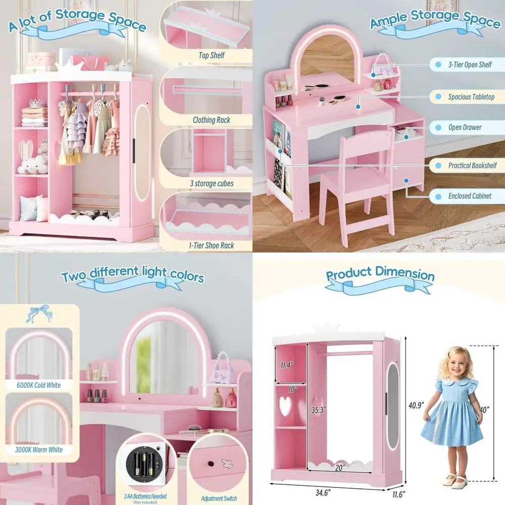 

Детский гардероб с шкафом для украшений, туалетным столиком с зеркалом с подсветкой и открытой книжной полкой, комната для хранения вещей с полноразмерным зеркалом