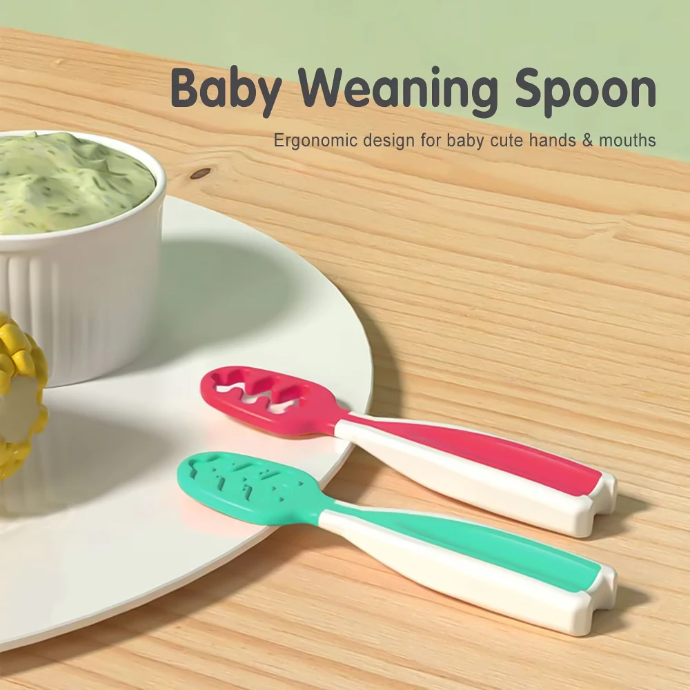 2PCS baby feeding spoons, Toddler Self-feeding learning cutlery, perfect baby food and training, food grade silicone, BPA FREE