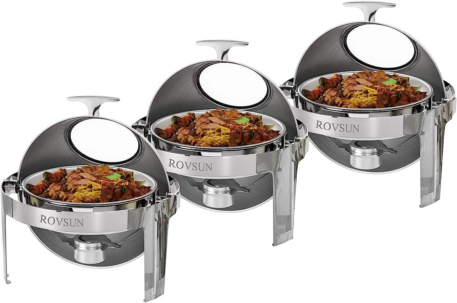 Rovsun 6 Quart 3 Packs Round Roll Top Chafing Dish Buffet Set, Stainless Steel Chafer For Catering, Food Warmer With Glass