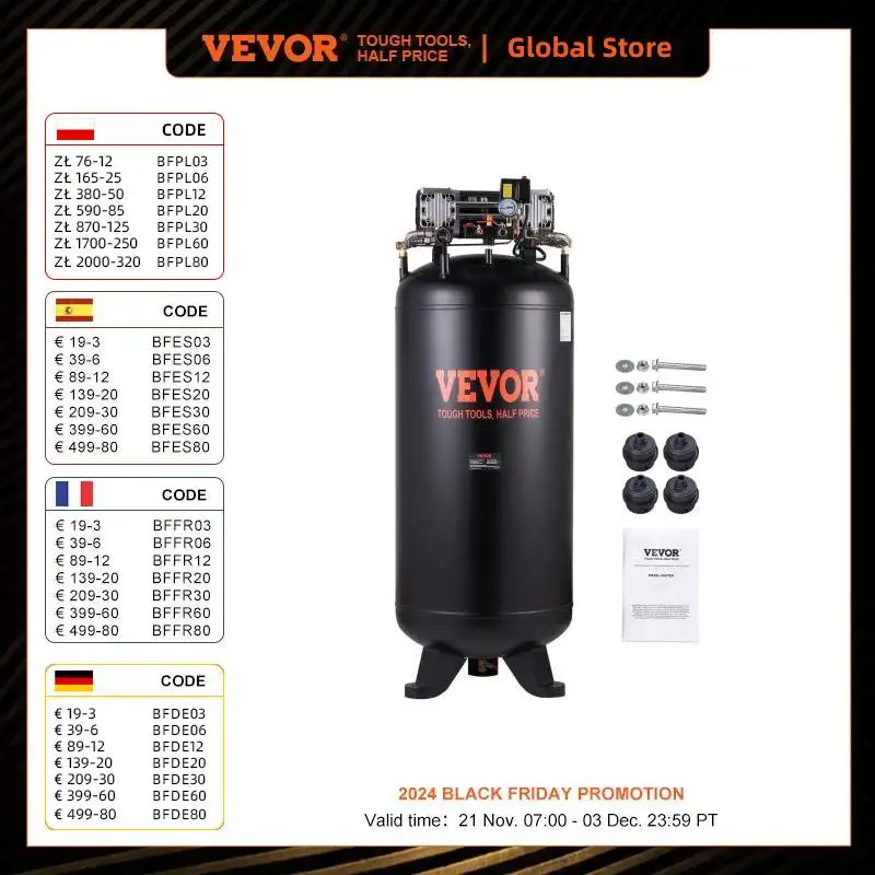 VEVOR 80 Gallon Air Compressor, 6.5HP 15.5SCFM@90 PSI, 2-Stage 145PSI Oil Free Stationary Air Compressor Tank, 86dB Ultra Quiet