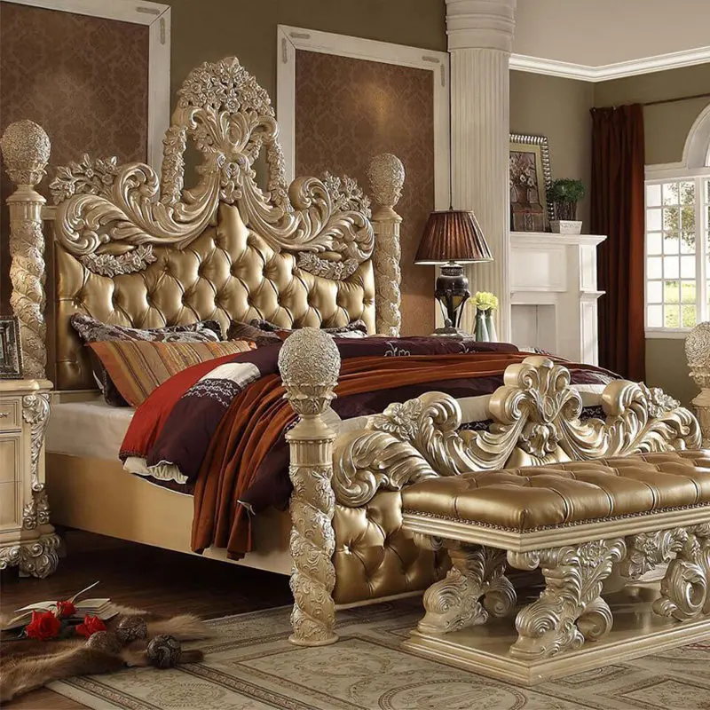 #European Style Luxury Solid Wood Baroque French Log Carved Genuine Leather Double Bed With Dressing Table