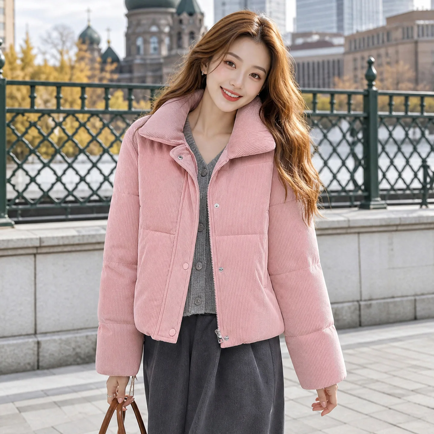 Women's 2026 Corduroy down Cotton Jacket Fashion Style High Waist Short Cotton Jacket for Small Height Autumn Winter