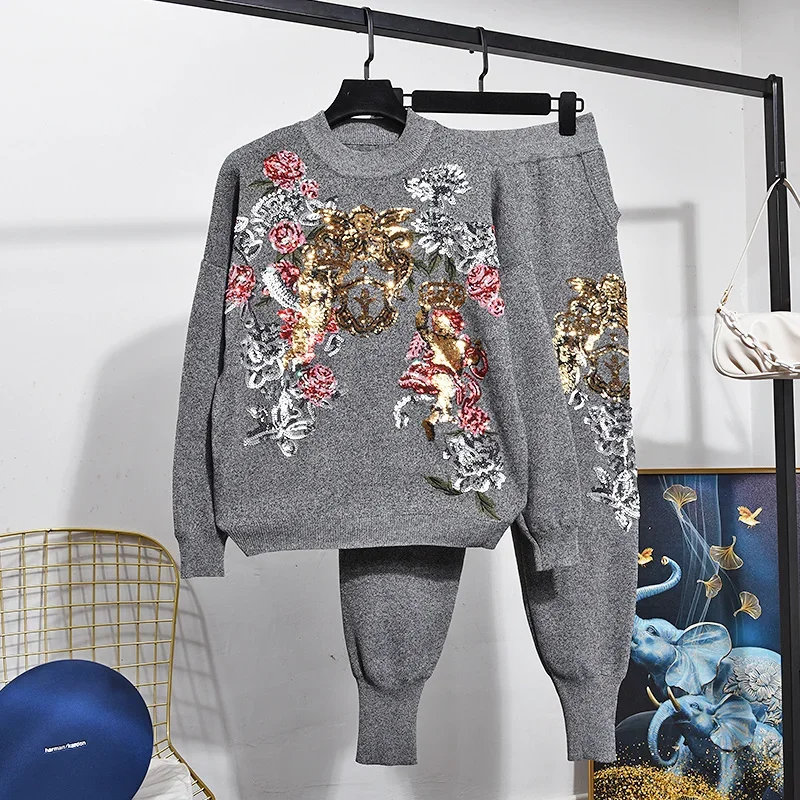 

White Black Knitted Tracksuits Women Outfits Autumn Fashion Sequins Flowers Pullover Sweater Pencil Pants Two Piece Set Female