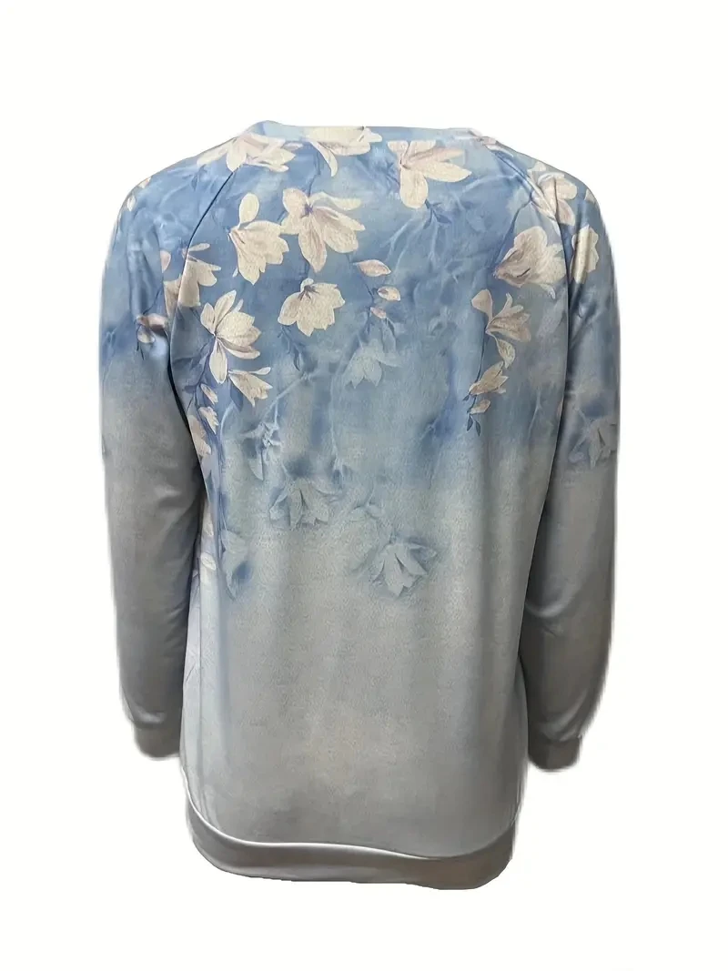 Women\'s Fashion Casual Loose Hoodie Round Neck 3D Flower Print Long Sleeved T-shirt Pullover Spring and Autumn Top