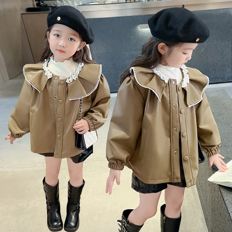 2026 Autumn And Winter Girls Outwear Toddler Girls' Leather Jacket, Elegant Ruffle Collar, Button - Up Coat for 2-9 Years Kids