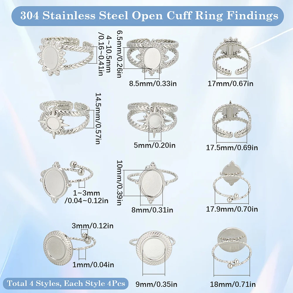 1 Box 16Pcs 4Style Stainless Steel Ring Bezels Blank Cabochon Rings Silver Metal Adjustable Open Finger Ring Base Tray Component